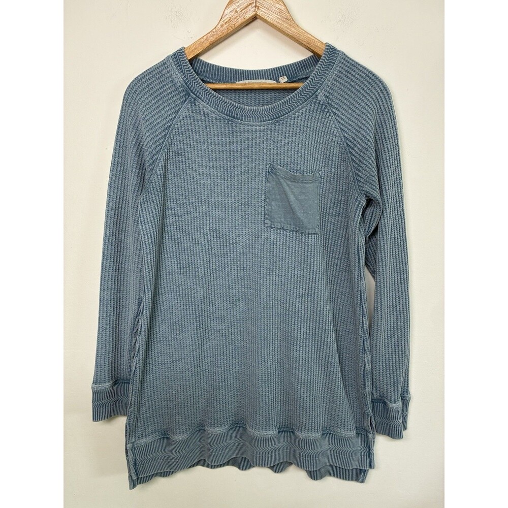Soft Surroundings Waffle Knit Sweater Women’s Medium Distressed Teal Beachy Boho